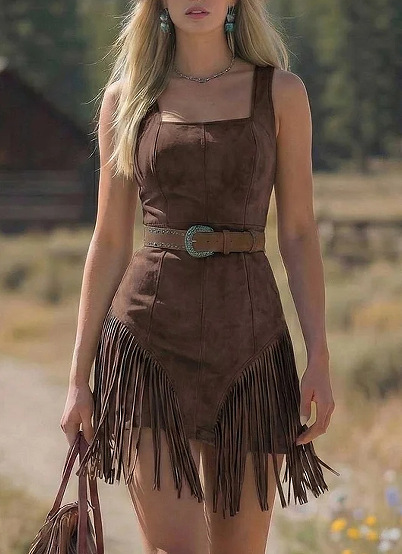 Cowboy Style Suede Fringe Slim-fit Long Sleeve Dress thumbnail 8