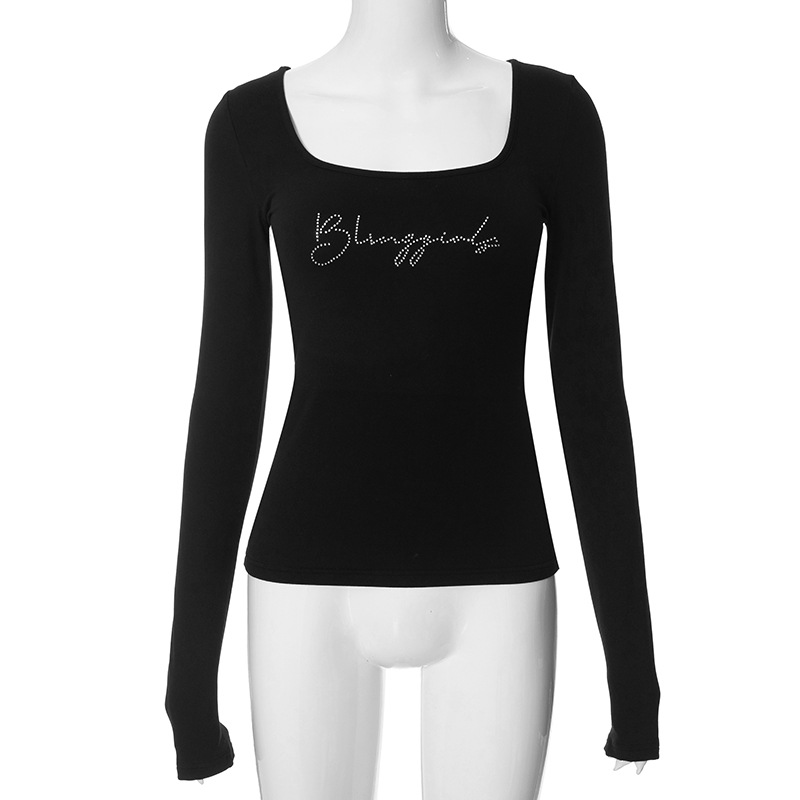 American Retro Style Low Collar Letter Rhinestone Short Navel Black Top