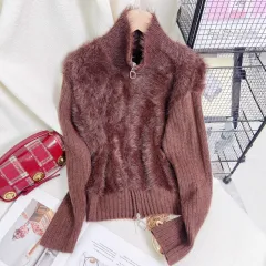 Women's Solid Colour Stand Collar Faux Mink Sweater - Brown - View 1