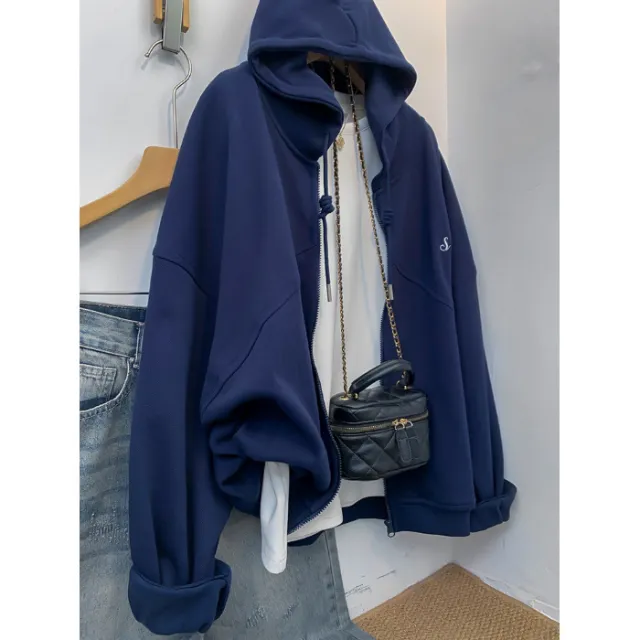 Extra Large Zipper Hooded Loose Coat Blue - Shop at LoveMi