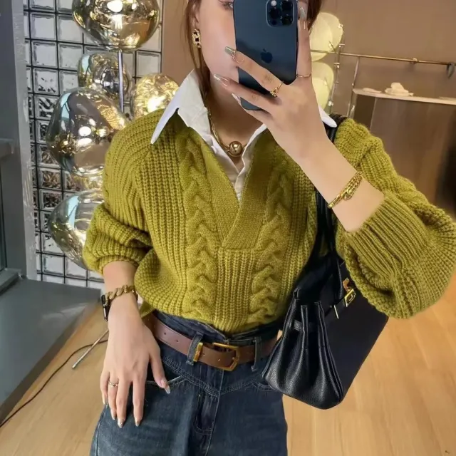 False Two piece Patchwork Shirt Sweater Women Olive Green - Shop at LoveMi