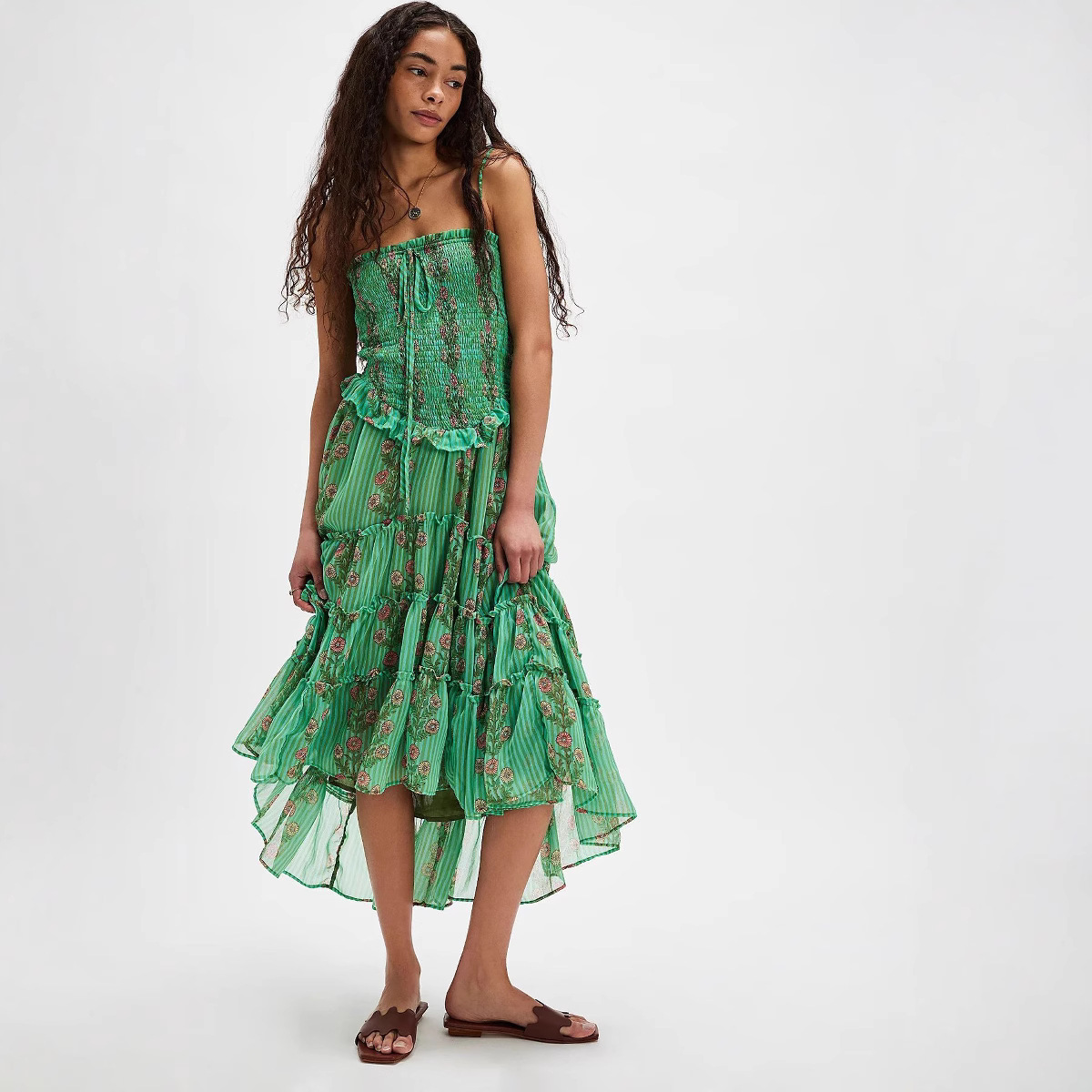 Printed Sling Vacation Style Stitching Irregular Dress Green - Shop at LoveMi