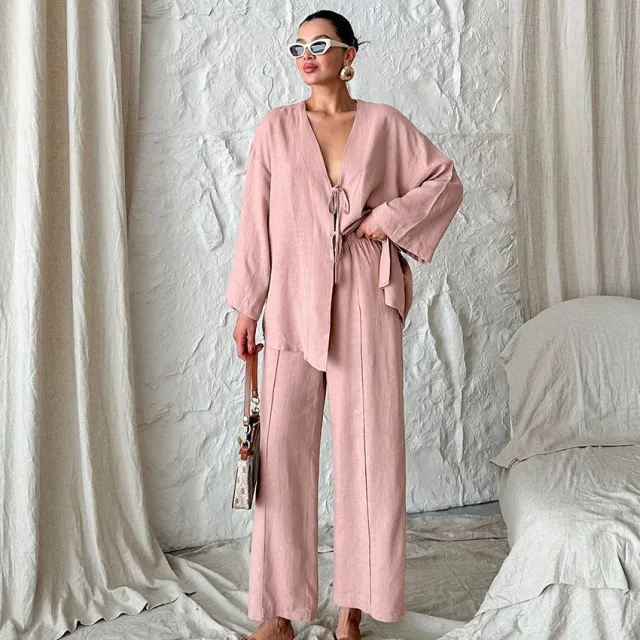 Cotton Breathable And Loose Comfortable Long Sleeve Trousers Pajamas Pink - Shop at LoveMi