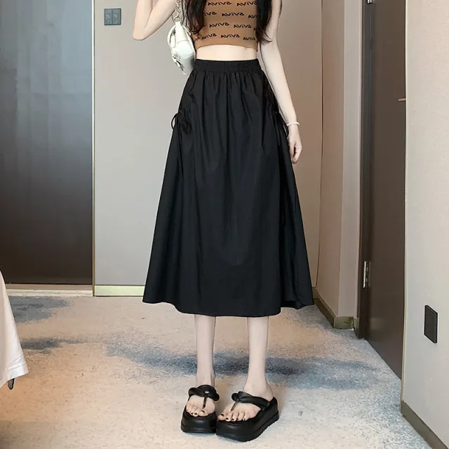 Elastic Waist Pure Color Tied Drawstring Pocket Large Swing Skirt Mid length French Cotton Suit Skirt Black - Shop at LoveMi