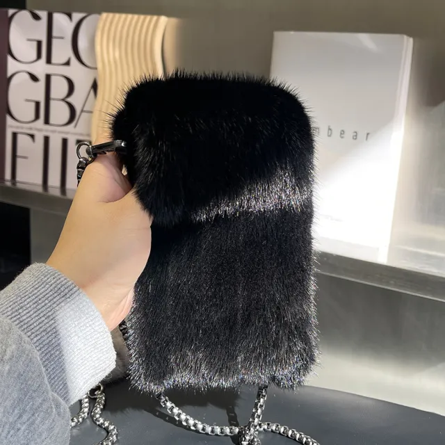 Cute Exquisite Mink Fur Crossbody Fur Phone Bag All match Women's Shoulder Mobile Phone Bag Black - Shop at LoveMi