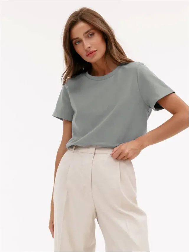 Casual Home Commuter All matching Round Neck Short Sleeve T shirt Fog Gray - Shop at LoveMi