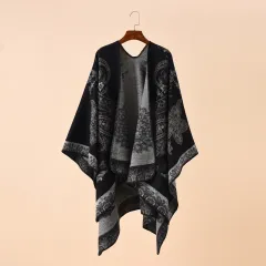 Plaid Printed Elegant Socialite Winter Travel Fashionable Warm Talma - Black - View 1