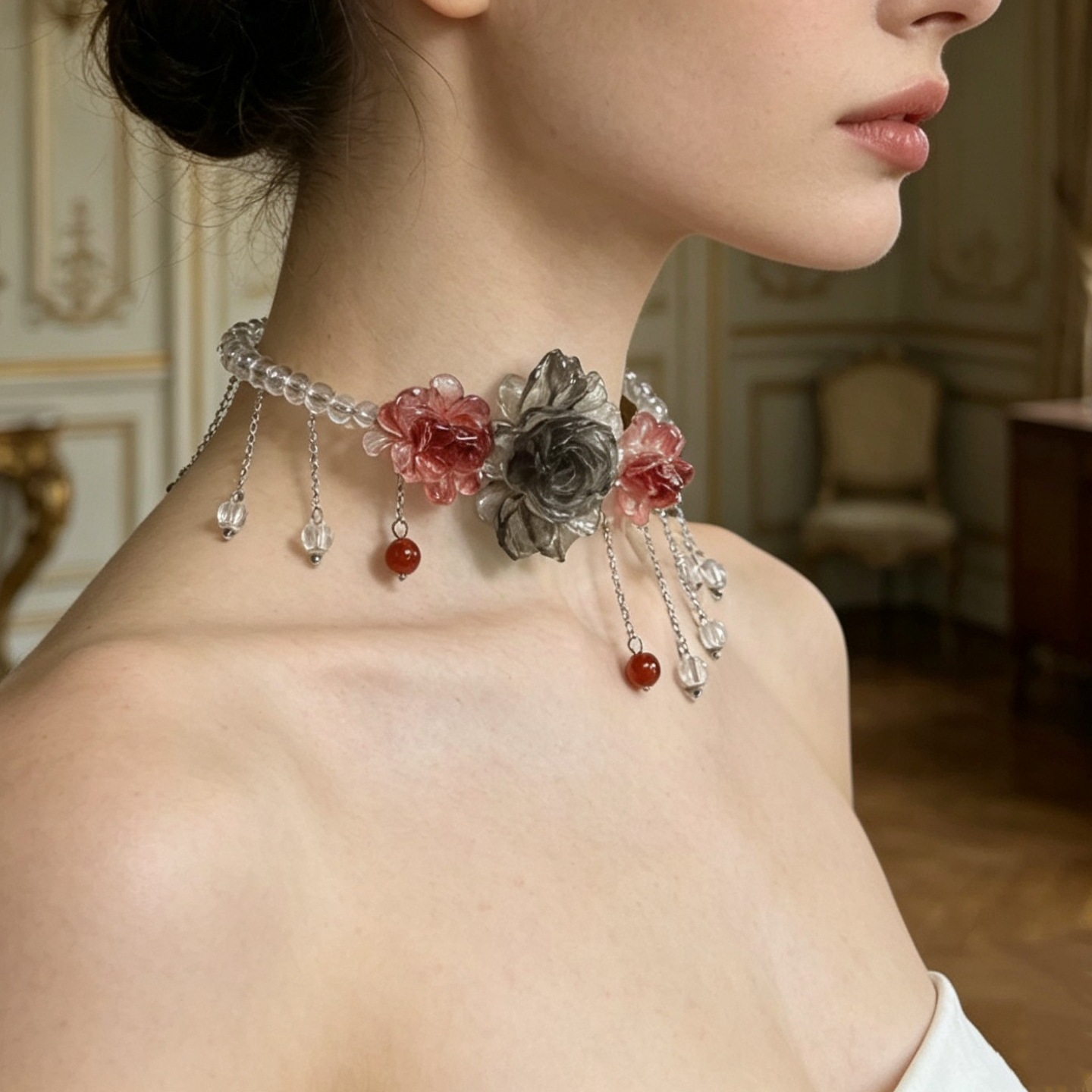 Rose Crystal Tassel Necklace, picture 3 of 4
