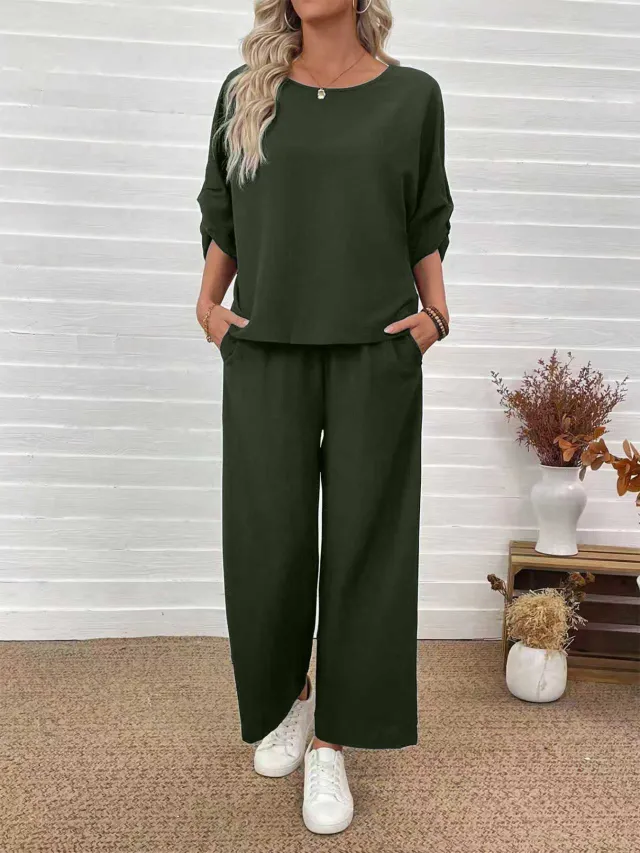 Women's Casual Top Wide Leg Pants Set Green - Shop at LoveMi