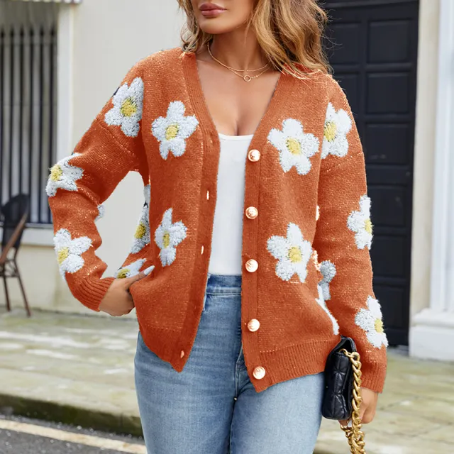 European And American Women's Clothing Three dimensional Flower V neck Knitted Cardigan Sweater Coat Orange - Shop at LoveMi