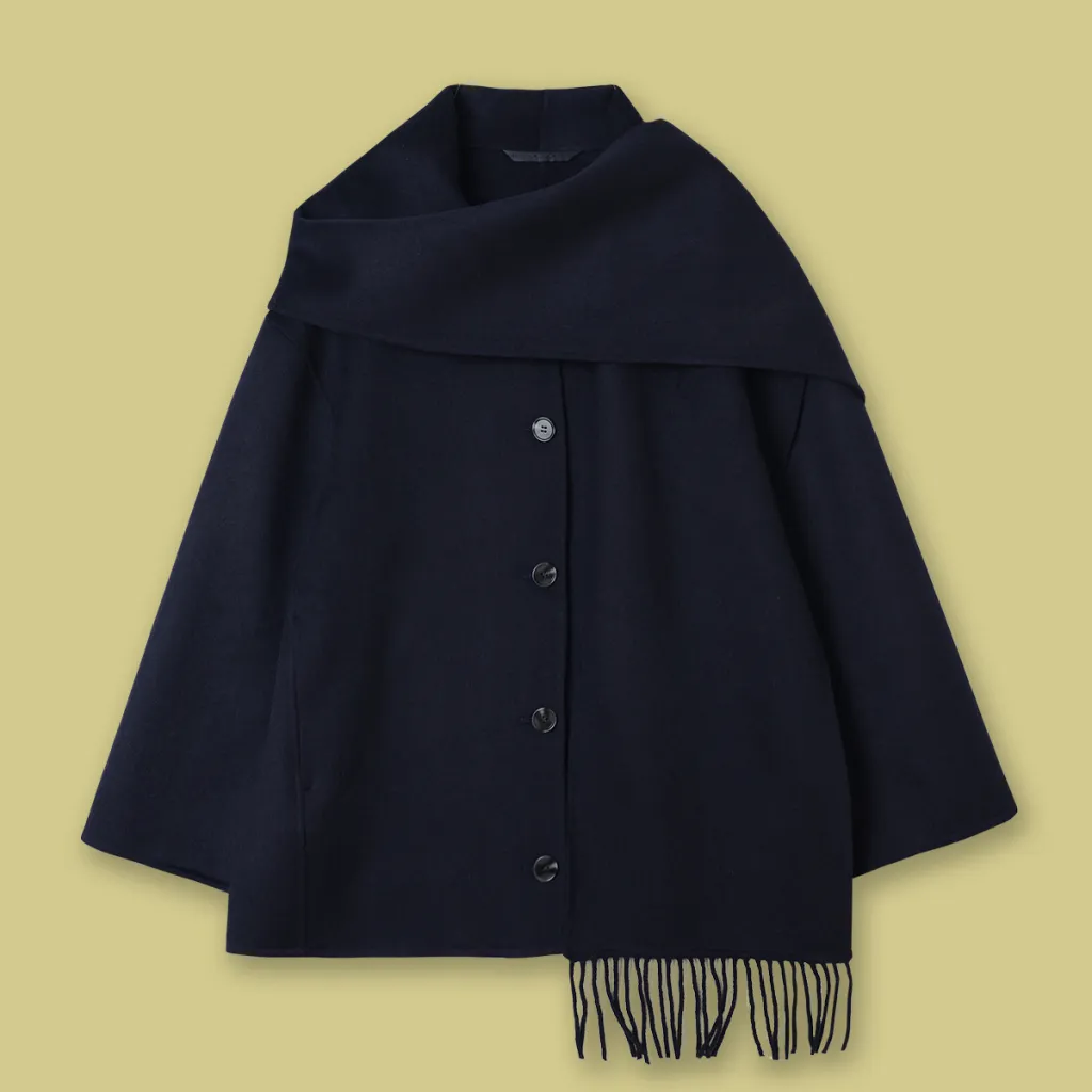 Casual Style Tassel Scarf Collar Wool Blended Double Sided Cotton Coat - Navy