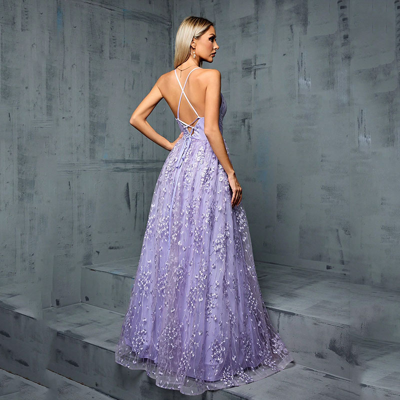 Sequined Suspender V-neck Evening Long Dress