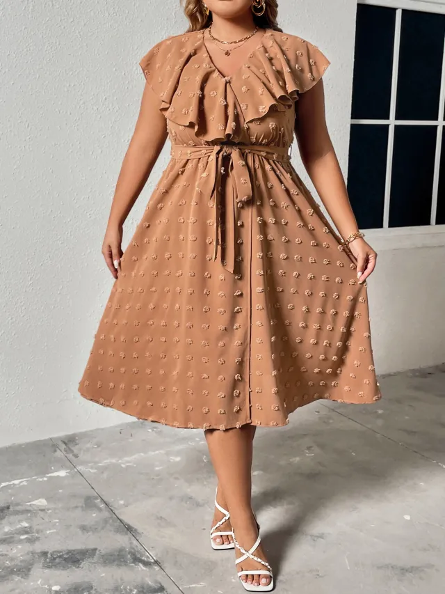 Short sleeved Dress With Ruffled Collar And Waistband Khaki - Shop at LoveMi