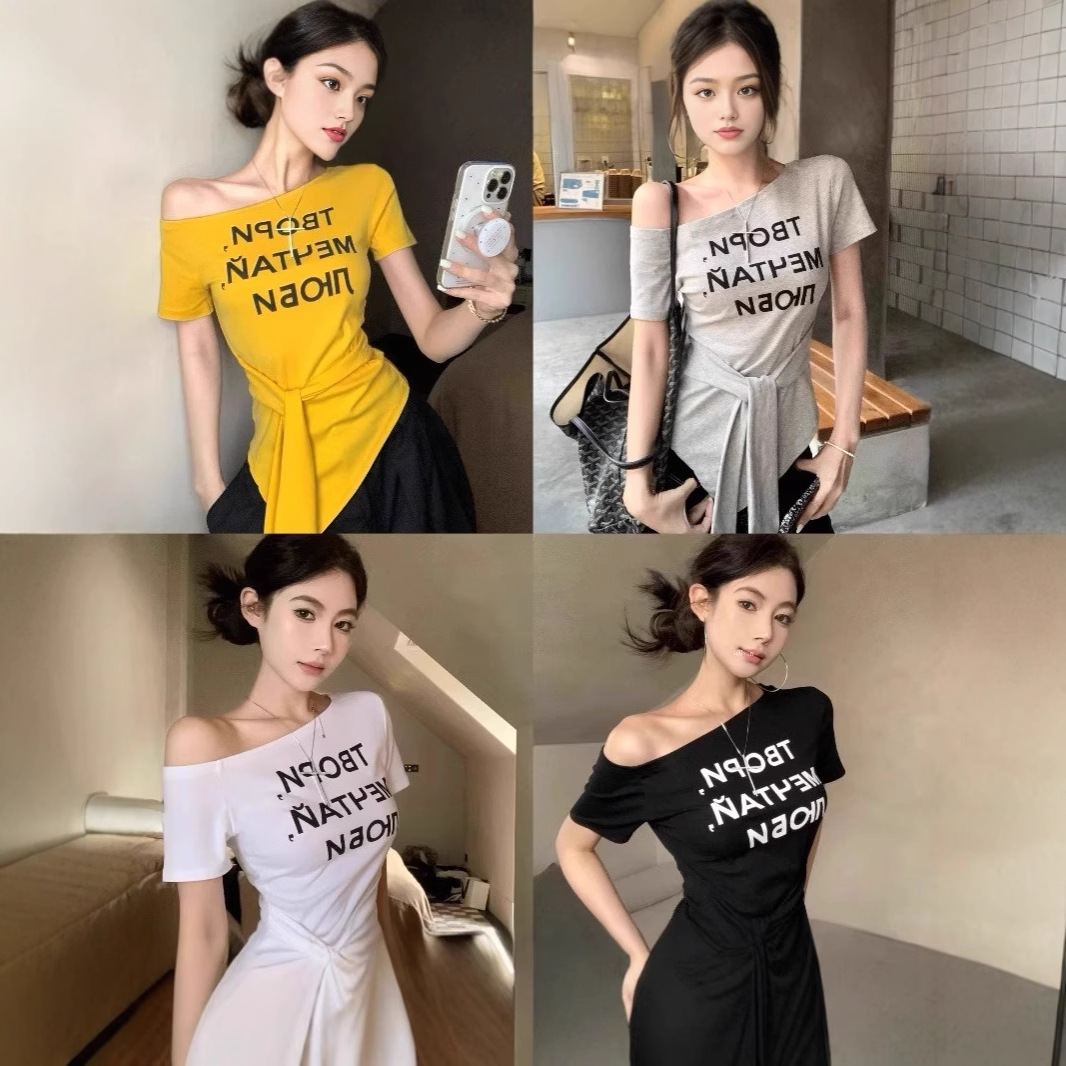 Waist-cinching Figure-flattering Top With A One-shoulder Design And Letter Print Womens Short-sleeve T-shirt
