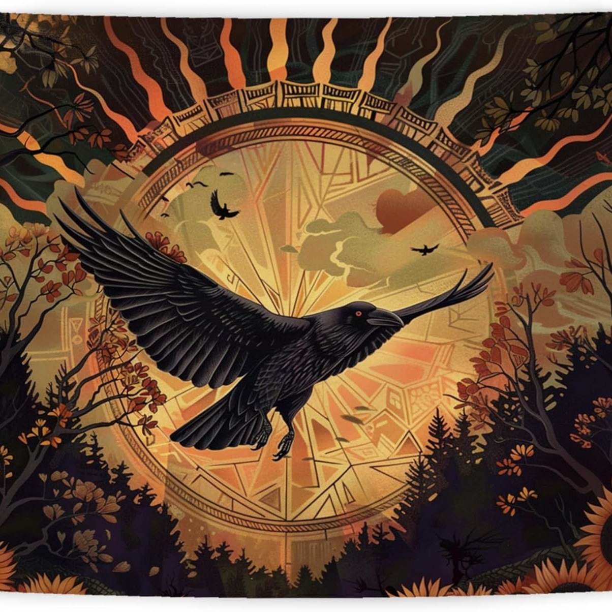 Halloween Black Raven Sunrise Sunflower Tapestry — foto 8
