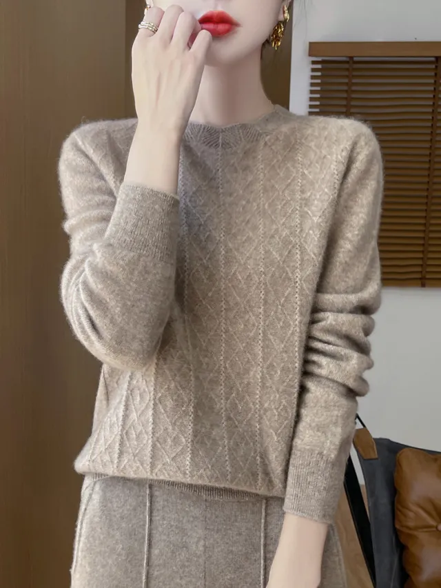 Front Line Ready made Garments Round Neck Woolen Sweater Autumn And Winter Fashion Twisted Flower Raw Velvet Camel - Shop at LoveMi