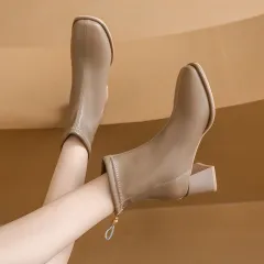 Fashion Square Toe Chunky Heel Back Zip Ankle Boots - Khaki - View 1