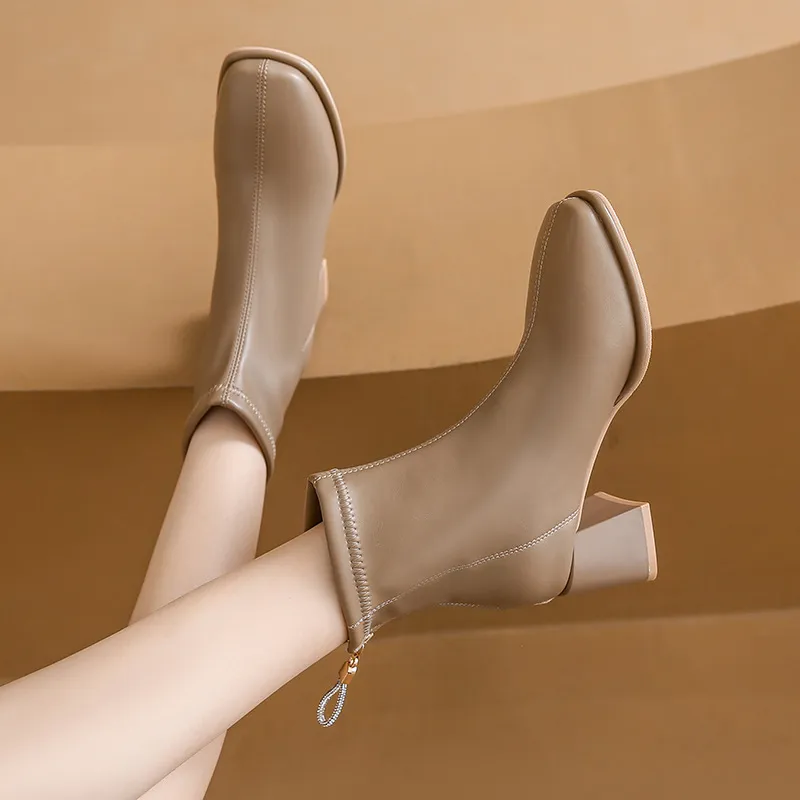 Fashion Square Toe Chunky Heel Back Zip Ankle Boots - Khaki