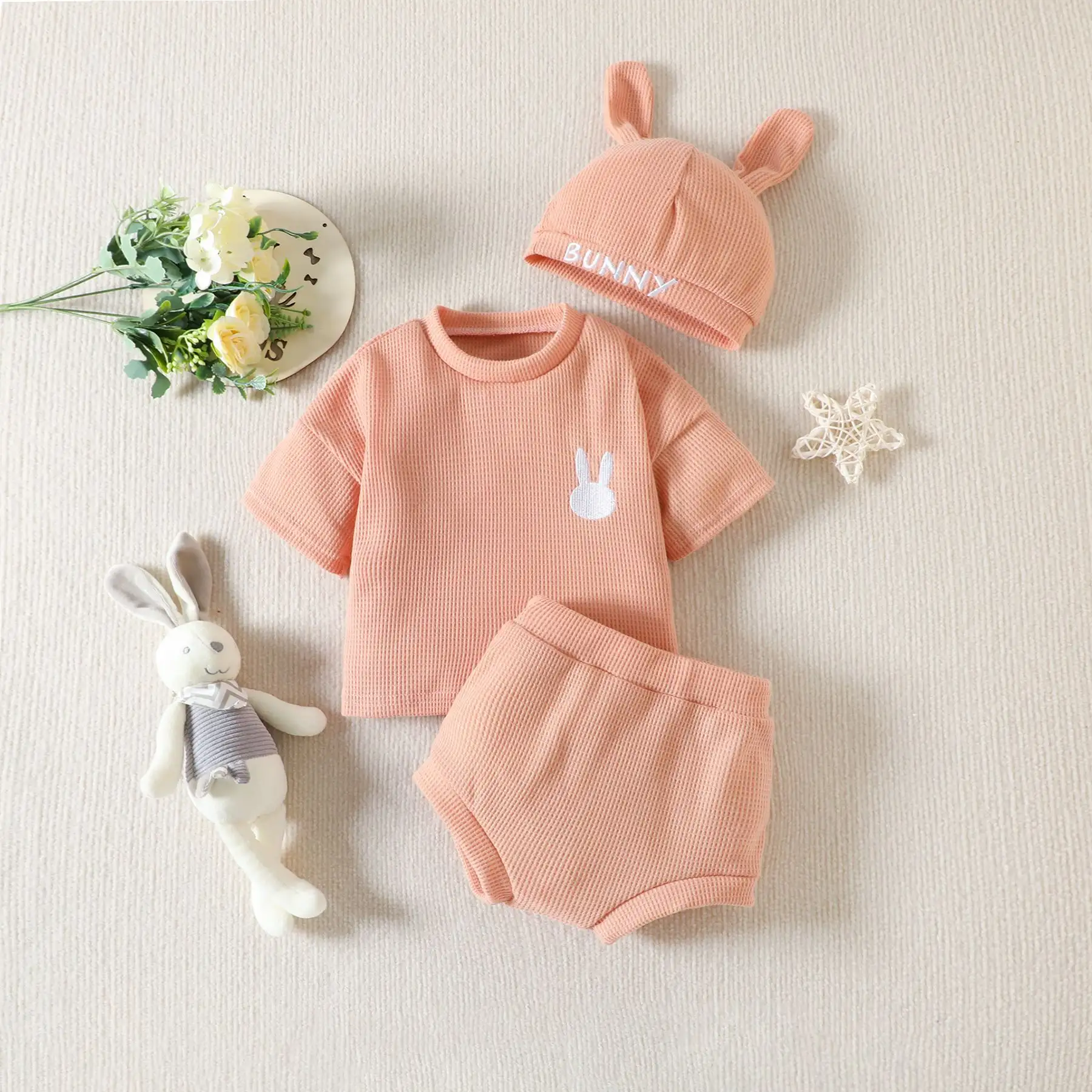 Spring Cute Solid Color Children T-shirt Shorts Hat Suit