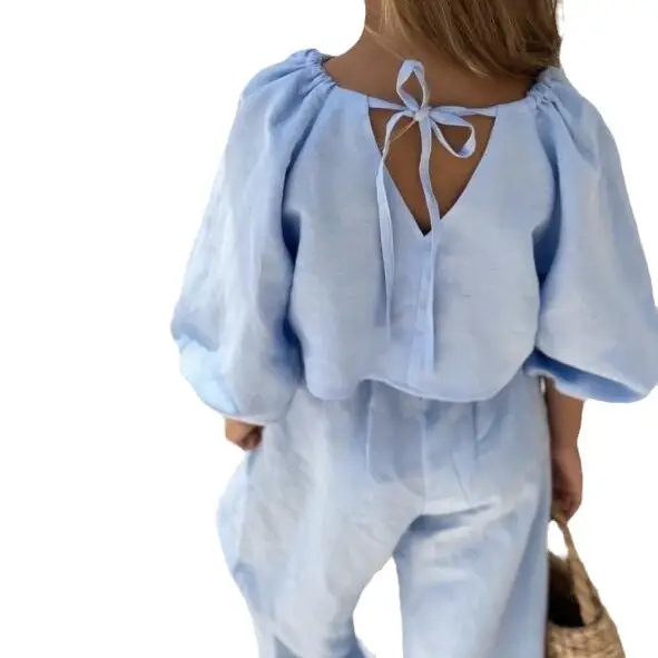 Girls' Cotton And Linen Half Sleeve Lace-up Top Casual Pants Two-piece Set