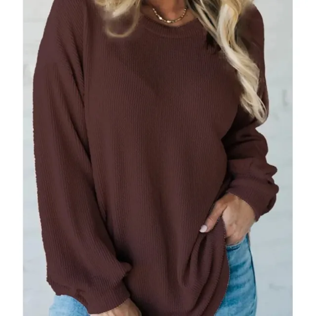 Round Neck Plus Size Loose Pullover Casual Top Dark Brown - Shop at LoveMi