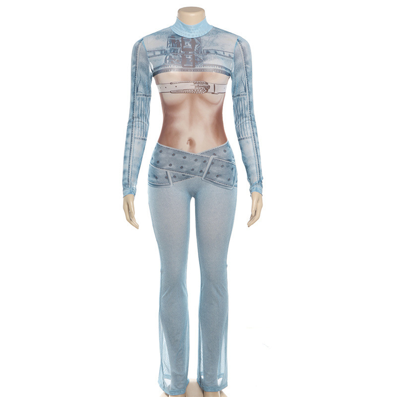 Title 15, Denim Printing Mesh See-through Jumpsuit