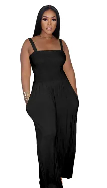 Women's Clothing Solid Color Casual Strap Tube Top Wide Leg Jumpsuit Black - Shop at LoveMi