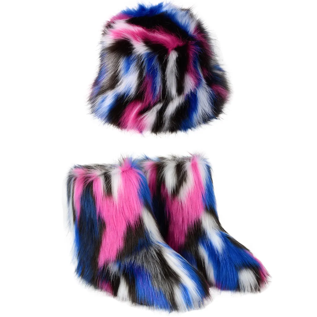 Warm Plush Boots Color Fur Bucket Hat - Color 7 Suit-37