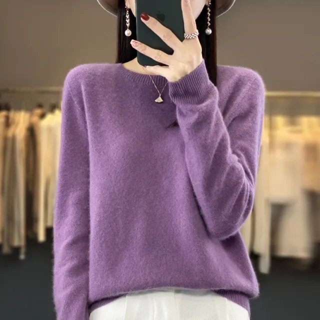 Women's Round Neck Sweater Loose Knitted Bottoming Sweater Purple - Shop at LoveMi