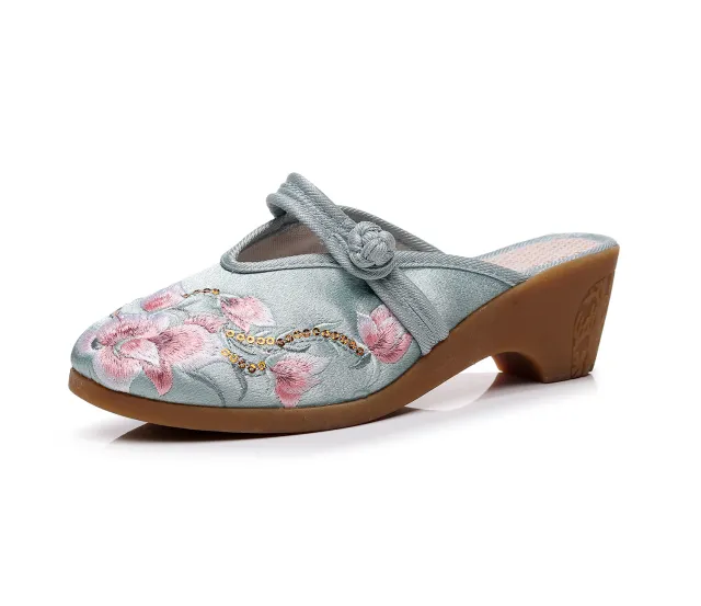 High Heel Wedge Embroidered Cloth Slippers For Women Red - Shop at LoveMi