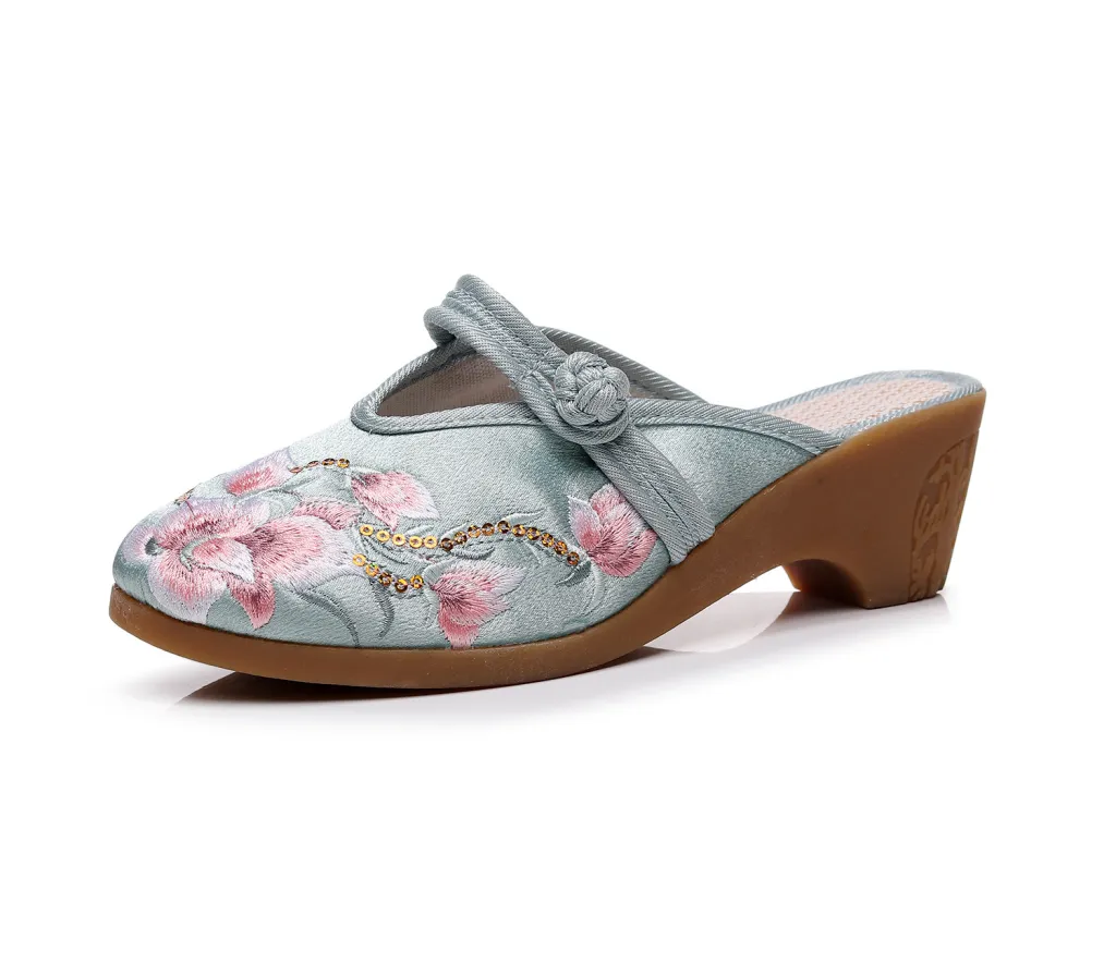 High Heel Wedge Embroidered Cloth Slippers For Women - Red