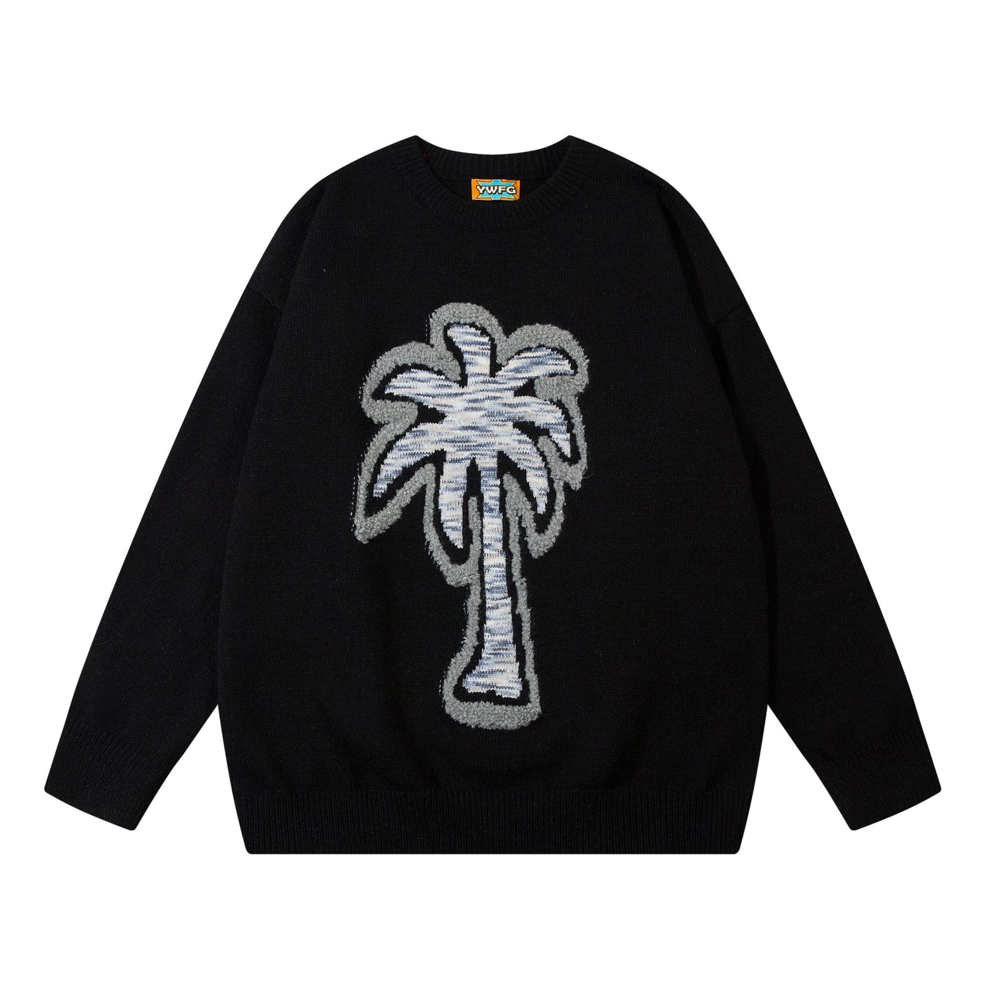 American Vintage Embroidery Round Neck Sweater Black - Shop at LoveMi