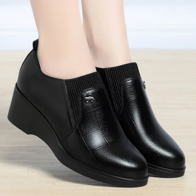 Women's Minimalist And Versatile Wedge Heel Leather Shoes Black - Shop at LoveMi