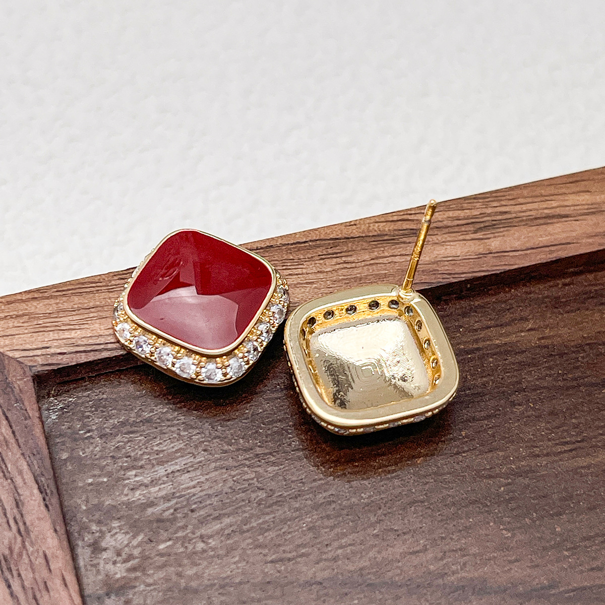 Retro Red Plate Temperament Inlaid Square Simple And Stylish Earrings