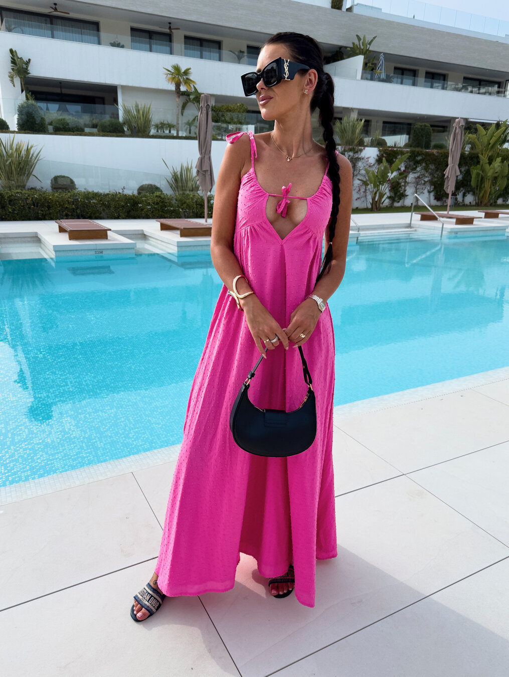 solid color jacquard deep v sling dress front view