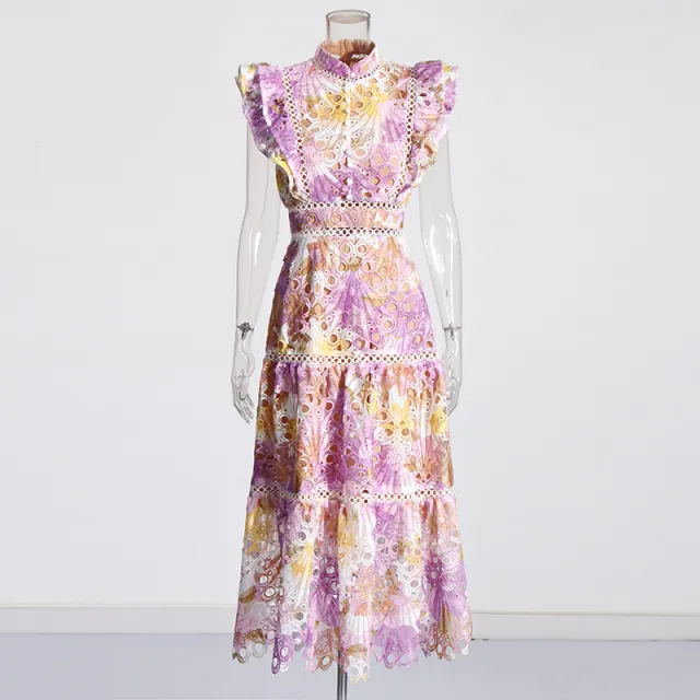 Fashion Sweet Style Long New Embroidered Crocheted Flower Dress Women Purple - Shop at LoveMi