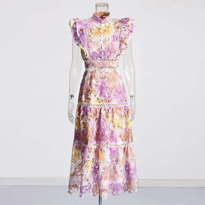 Fashion Sweet Style Long New Embroidered Crocheted Flower Dress Women - Purple