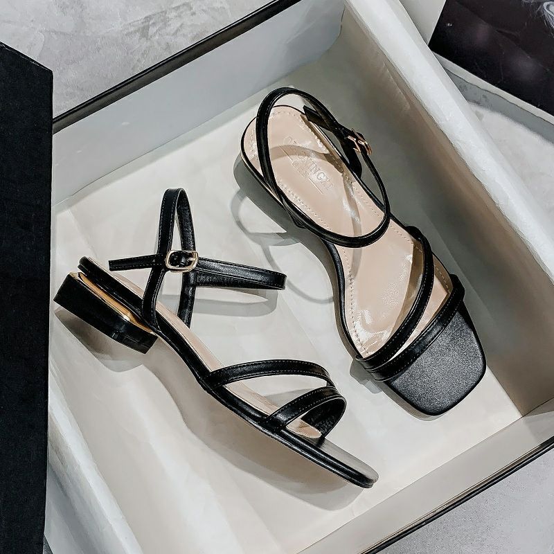 Flat Low Heel With Skirt Strap Sandals Black - Shop at LoveMi