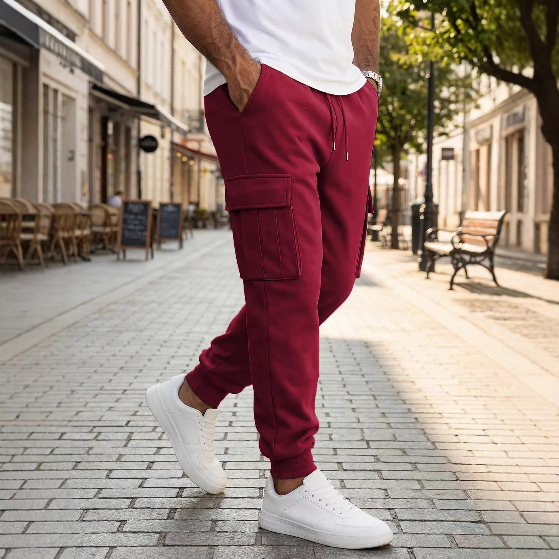 Mens Casual Workwear Pants With Multiple Pockets And A Drawstring