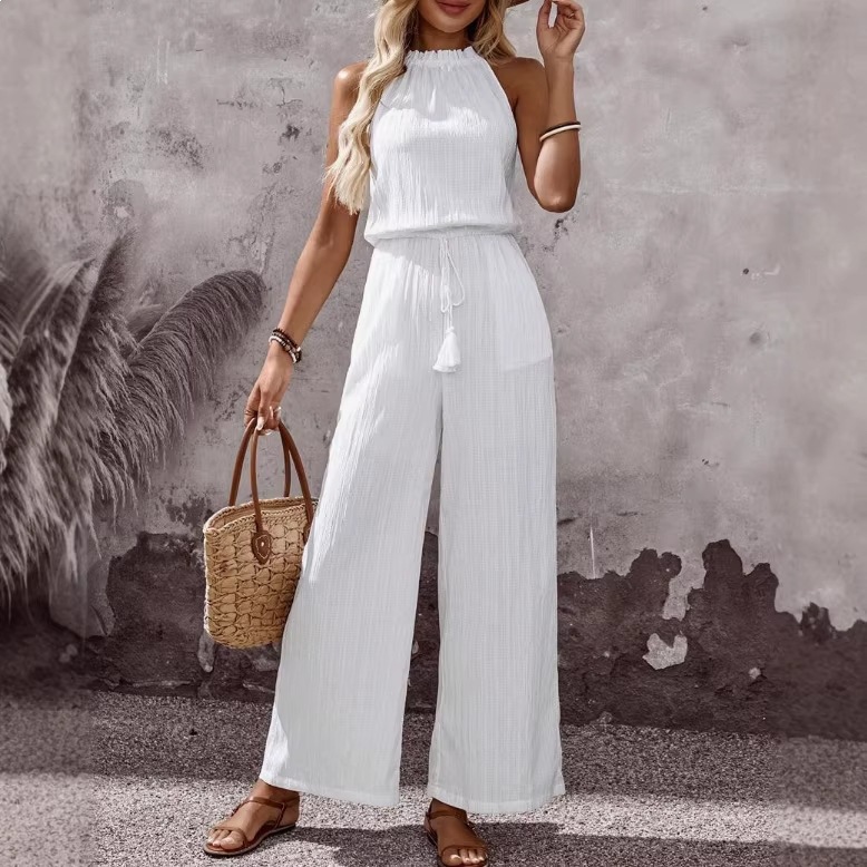 Tasseled Lace-up Pocketed Wide-leg Casual Jumpsuit For Women