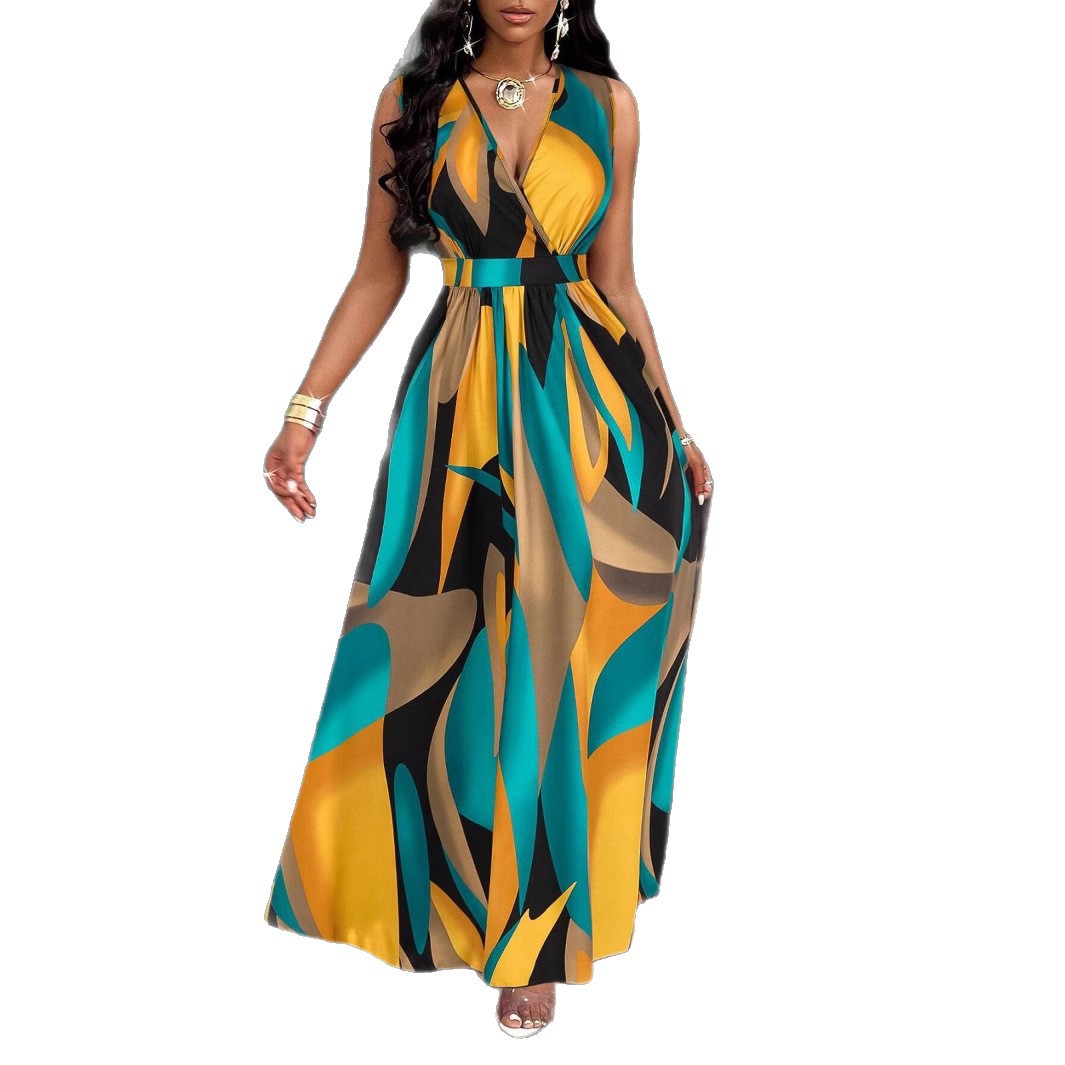 Tropical Printing V-neck Waist Twist Knitted Slim Fit Flare Skirt - Image 3