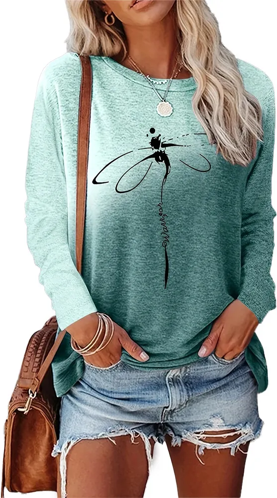 Dragonfly Pattern Round Neck Long Sleeve Women's T shirt Tops Green Tie Dye - Shop at LoveMi