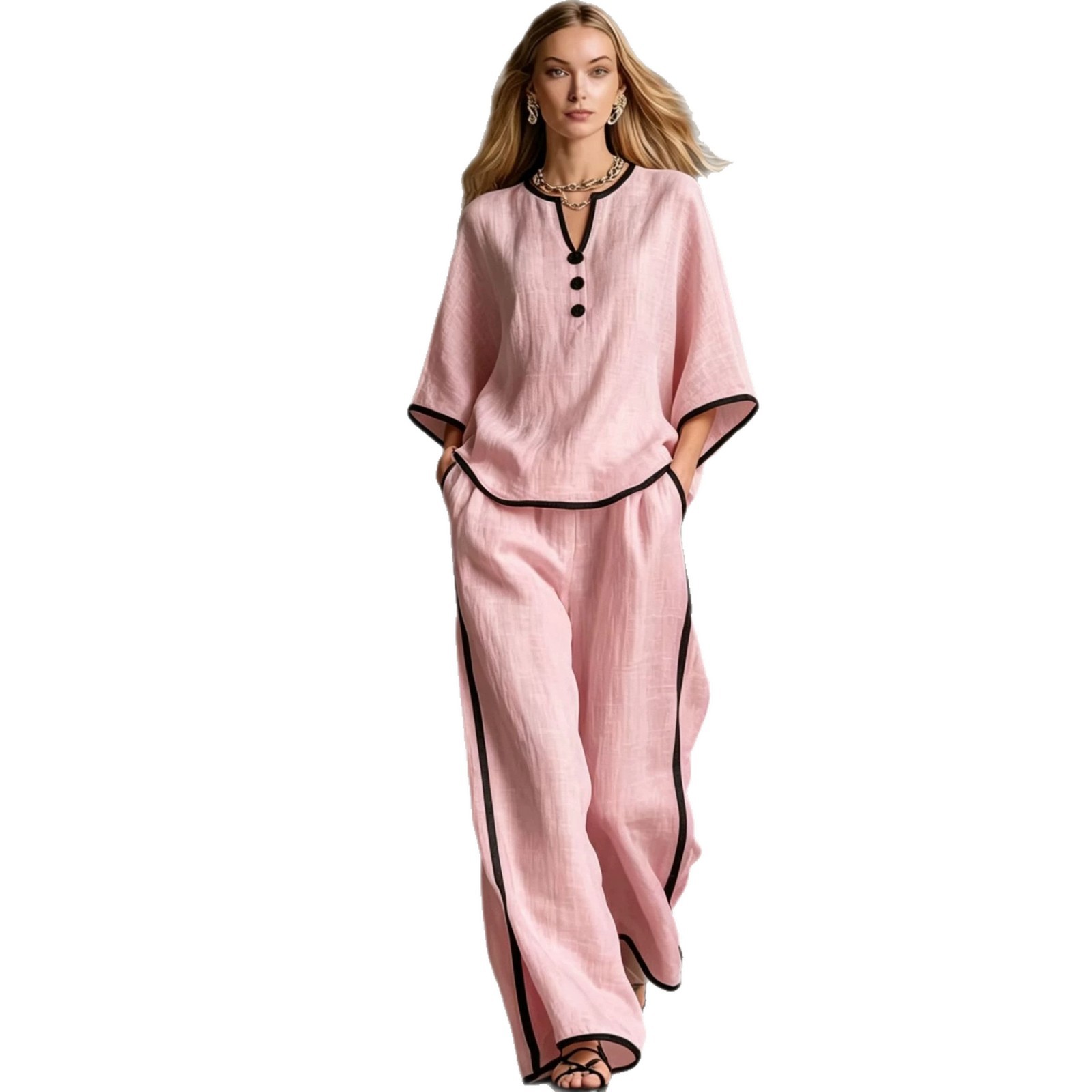 V-neck Loose Batwing-sleeve Top And Wide-leg Pants Set 5