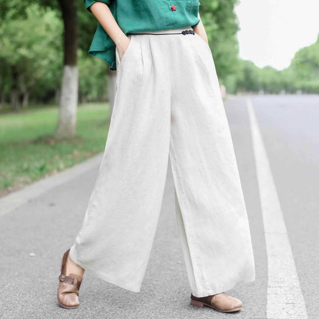 Title 18, Pantalon long en lin taille haute, ample et fin...