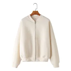 Zipper Bomber Jacket Coat Sweater Loose High Waist Flannel Pants - Beige Top - View 1
