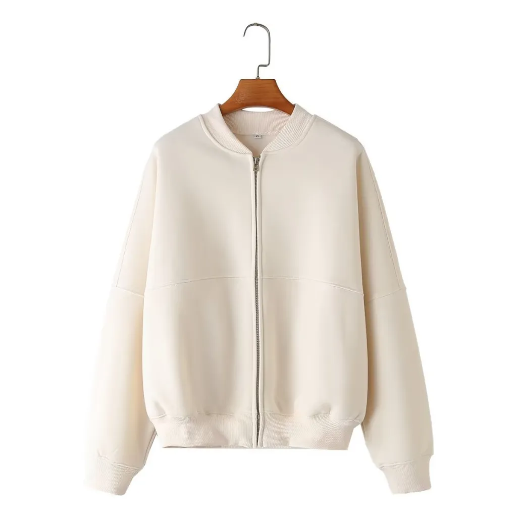 Zipper Bomber Jacket Coat Sweater Loose High Waist Flannel Pants - Beige Top