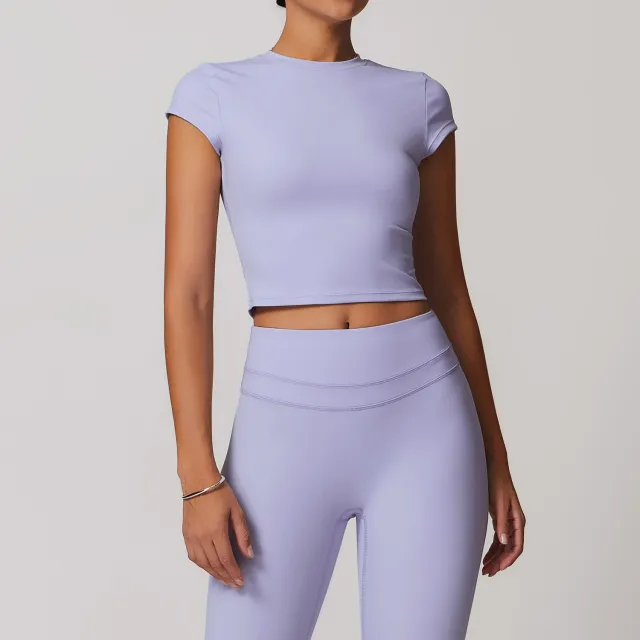 European And American Exercise Yoga Clothes Women's Brushed Tight Back Yoga Short Sleeve Romantic Purple - Shop at LoveMi