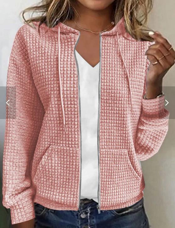 Womens Solid Color Hooded Zip Up Loose Long Sleeve Jacquard Sweatshirt