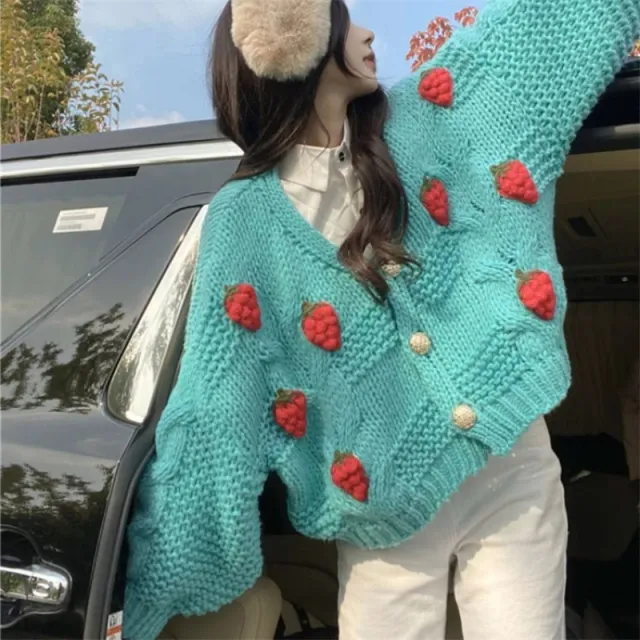 Gentle Sweater Cardigan Female Strawberry Knitted Blue - Shop at LoveMi