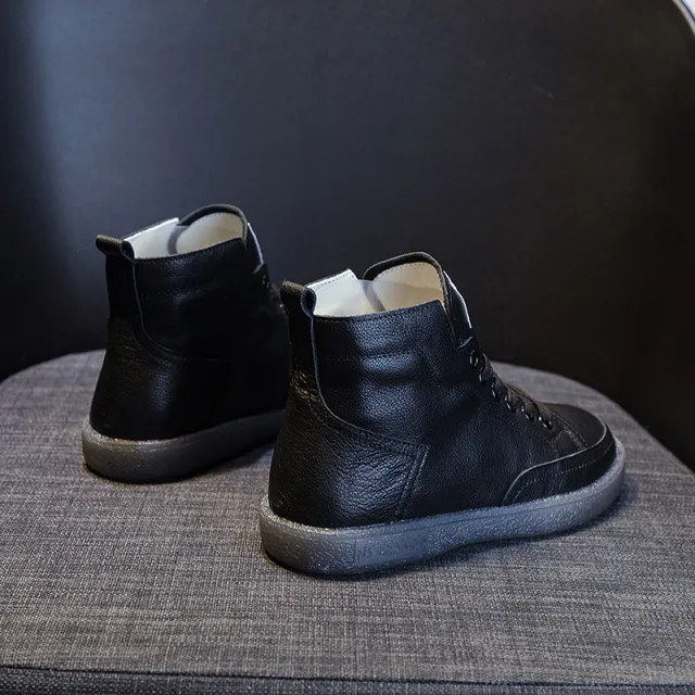 Ankle Boots Plus Size Autumn And Winter Wild Beef Tendon Soft Bottom Genuine Leather Shoes Flat Martens Boots Black - Shop at LoveMi